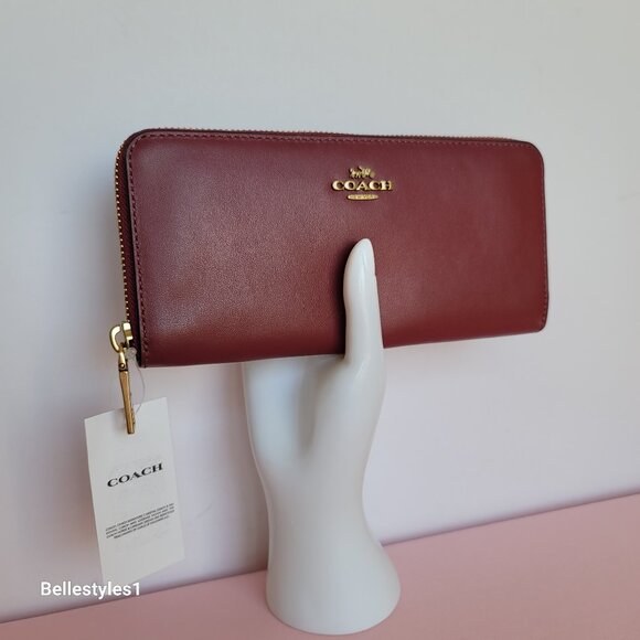 COACH Slim Accordion Smooth Calf Leather Zip-Around Wallet- Cherry color - Picture 2 of 16